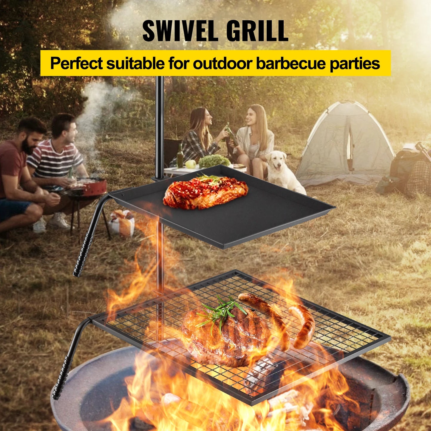 VEVOR – support de gril à charbon de bois pivotant simple et Double couche, grilles à viande en carbone, feu de camp pour Camping en plein air, cuisson au BBQ à la flamme