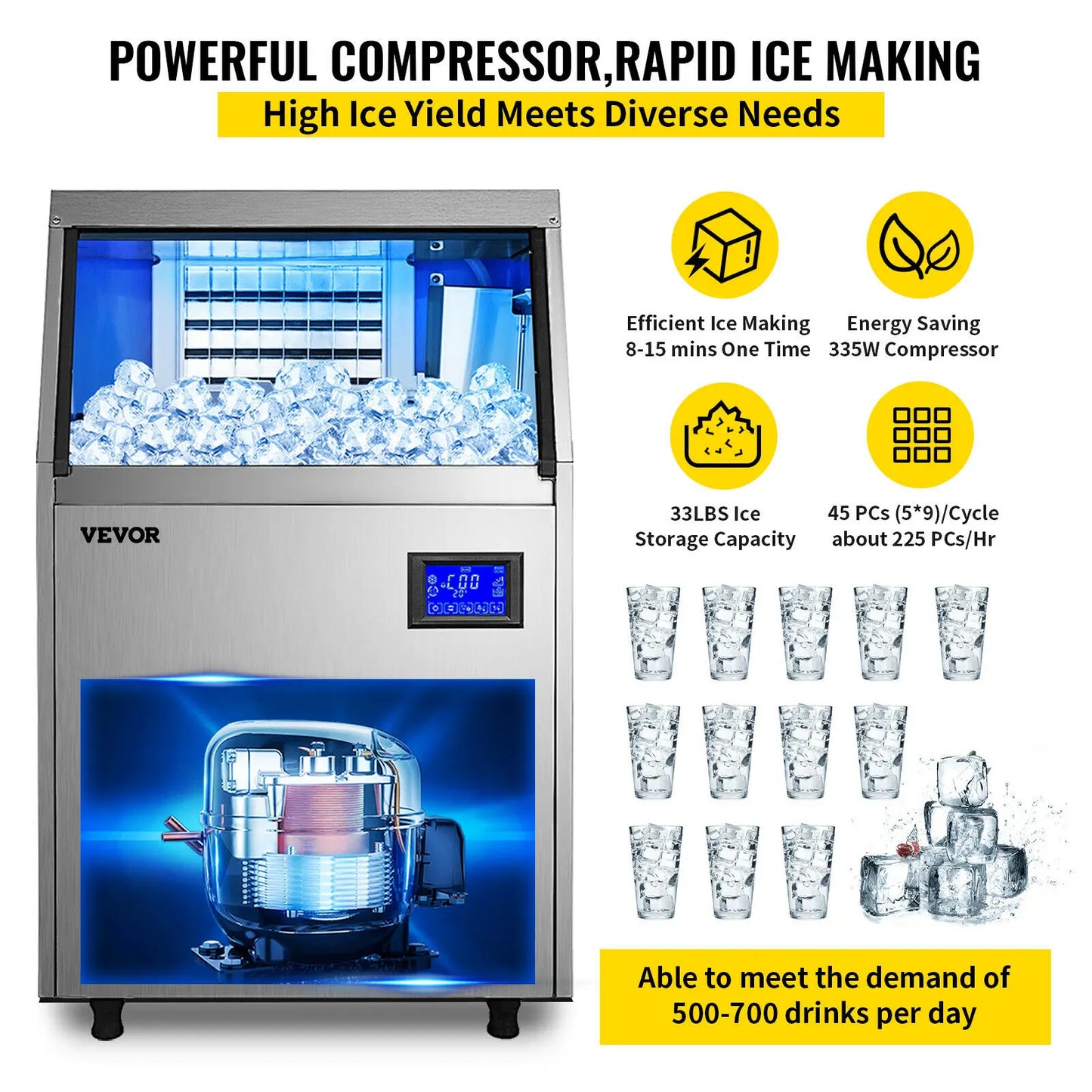 VEVOR 40 60 70KG fabricante de cubitos de hielo bomba de drenaje de agua limpieza automática congelador líquido electrodomésticos de cocina máquina de hielo hogar comercial