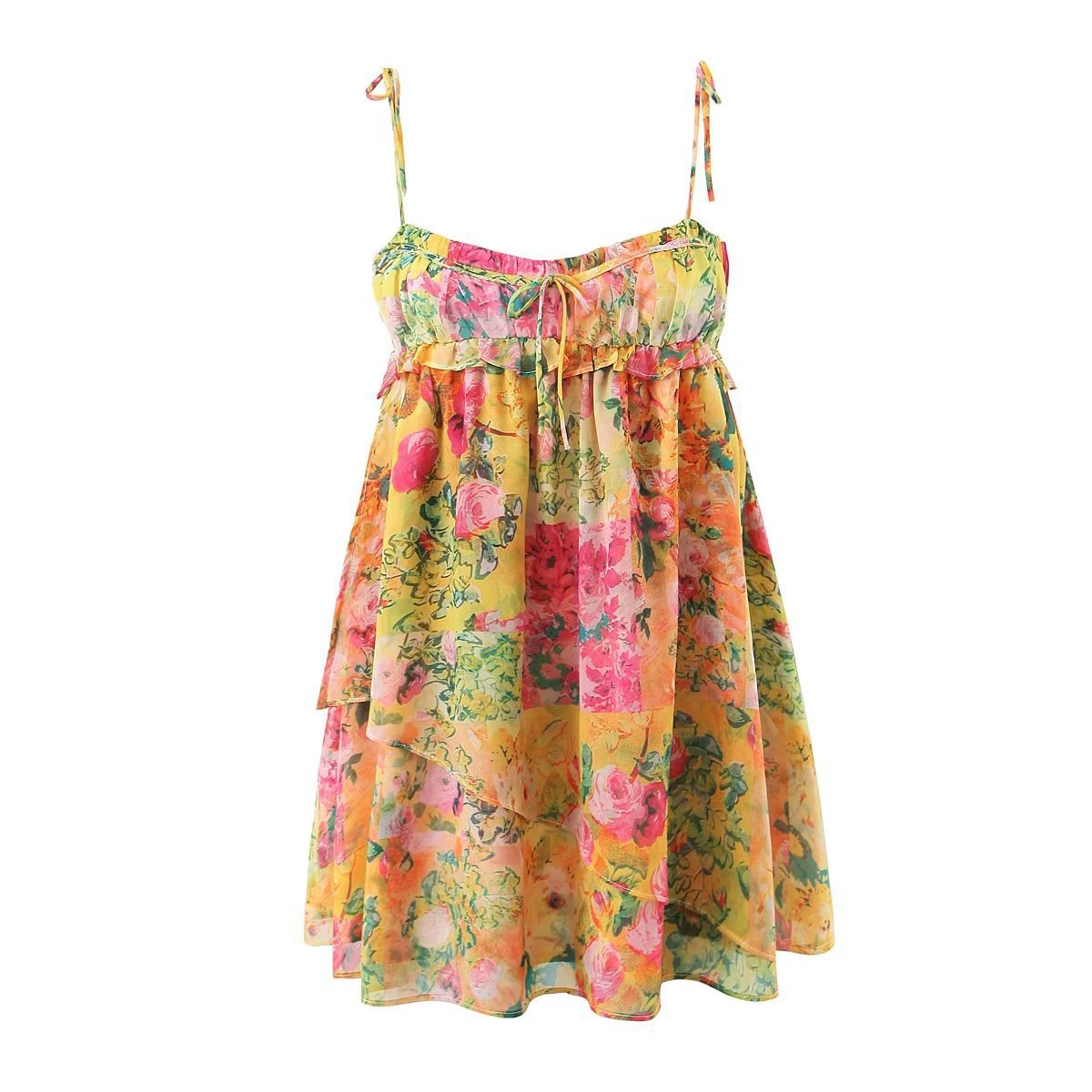 Y2K Vestido con tirantes con estampado de flores Moda de verano Vestidos cortos con volantes para vacaciones en la playa Ropa para mujer