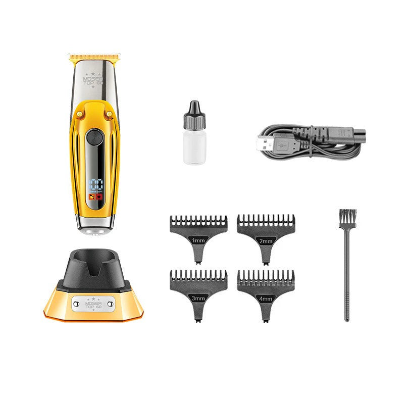 Komei Top-60 Metal Body Oil Head Carved Trim LED LCD Digital Display with USB Charging Base Hair Clipper