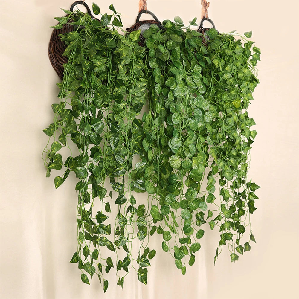 Enredadera de Planta Artificial, vid colgante de pared verde, decoración de jardín para el hogar, fiesta de boda de ratán, corona falsa DIY, hojas de hiedra