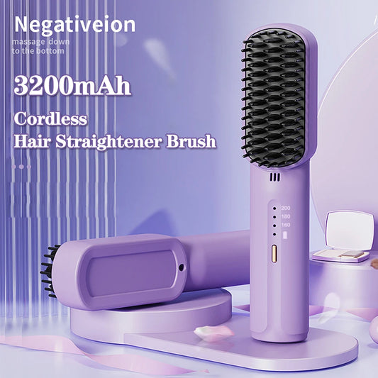 Wireless Hair Straightener Brush Negative Ion Hot Comb Multi-function Electric Heating Straight For Home Travel