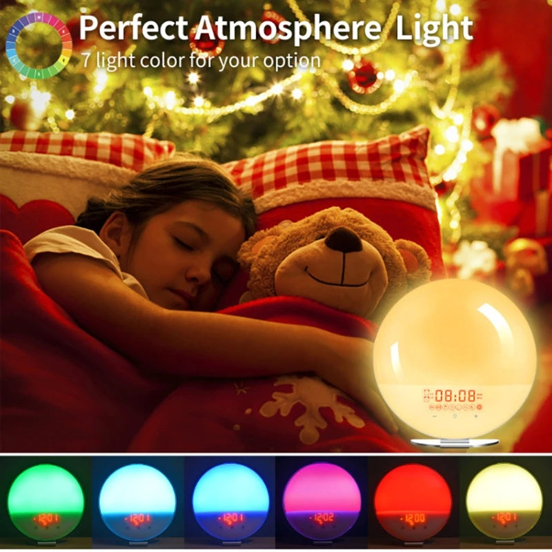 Wake Up Light Alarm Clock with Sunrise/Sunset Simulation Dual Alarms FM Radio Nightlight 7 Colors Natural Sounds Snooze