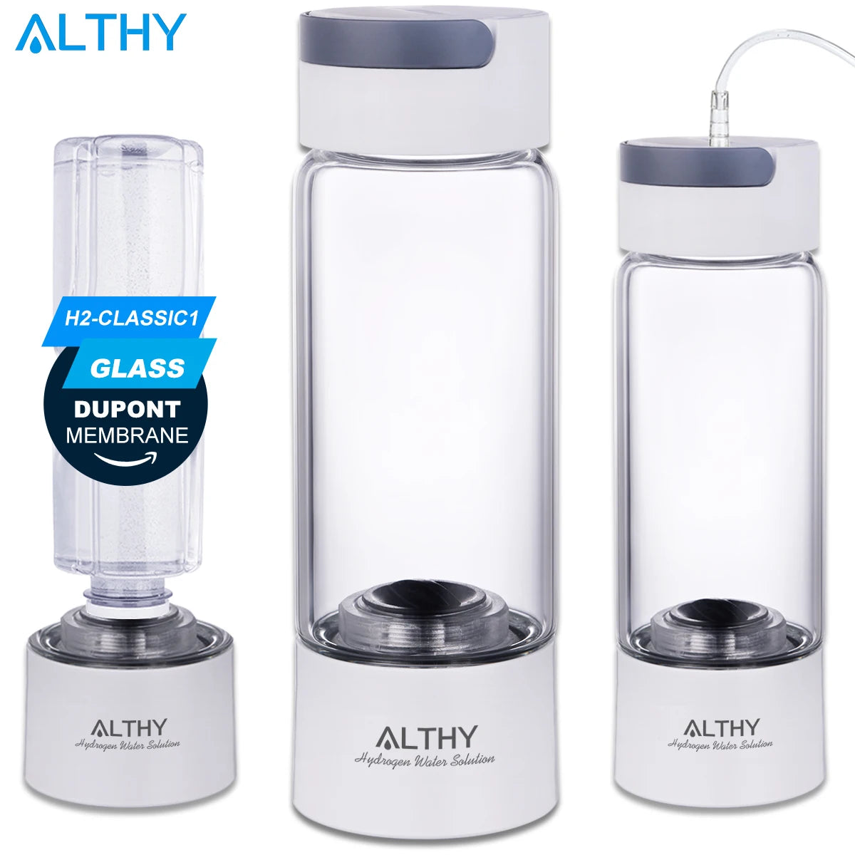 ALTHY – bouteille générateur d'eau riche en hydrogène moléculaire, corps en verre, loniseur à double chambre DuPont SPE PEM, dispositif d'inhalation H2