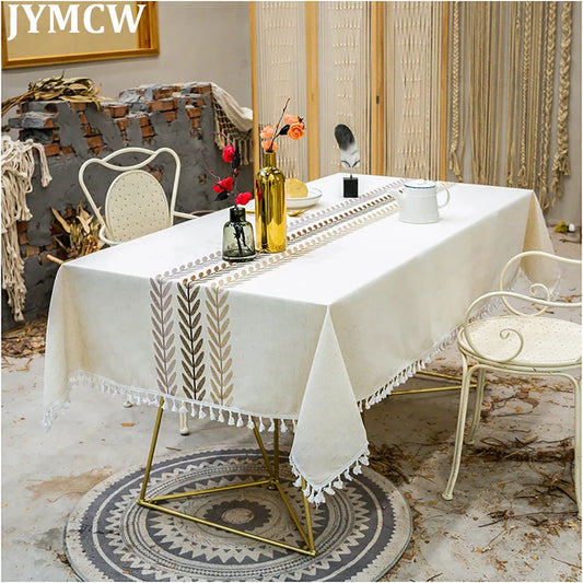 Tablecloth, waterproof embroidered leaf tablecloth with fringe, kitchen dining party holiday wrinkle free table cover