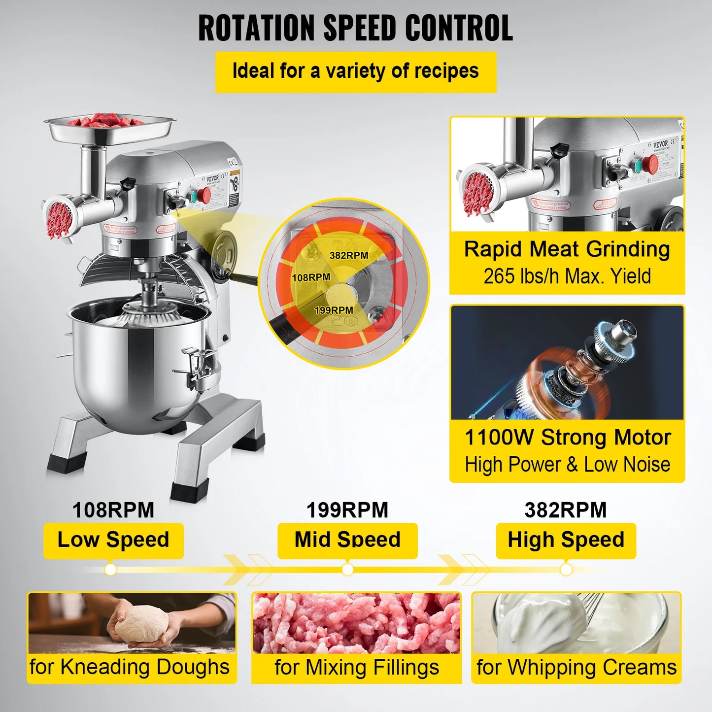 VEVOR 20Qt Commercial Electric Stand Food Mixer 1100W Professional Kitchen Dough Mixer Bread Pastry Kneading Whipping Machine