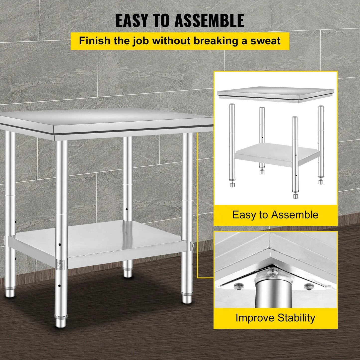 VEVOR Kitchen Work Bench Commercial Catering Table Worktable with Undershelf Stainless Steel 330LBS 286LBS for Restaurant Garage