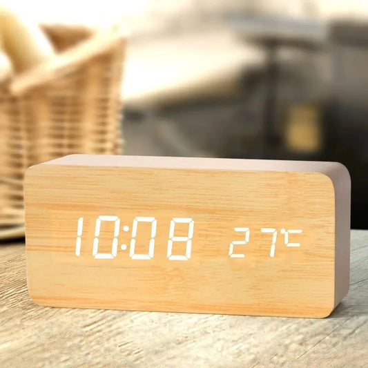 Despertador digital de madera, despertador LED con relojes de escritorio de temperatura para oficina, reloj de cabecera