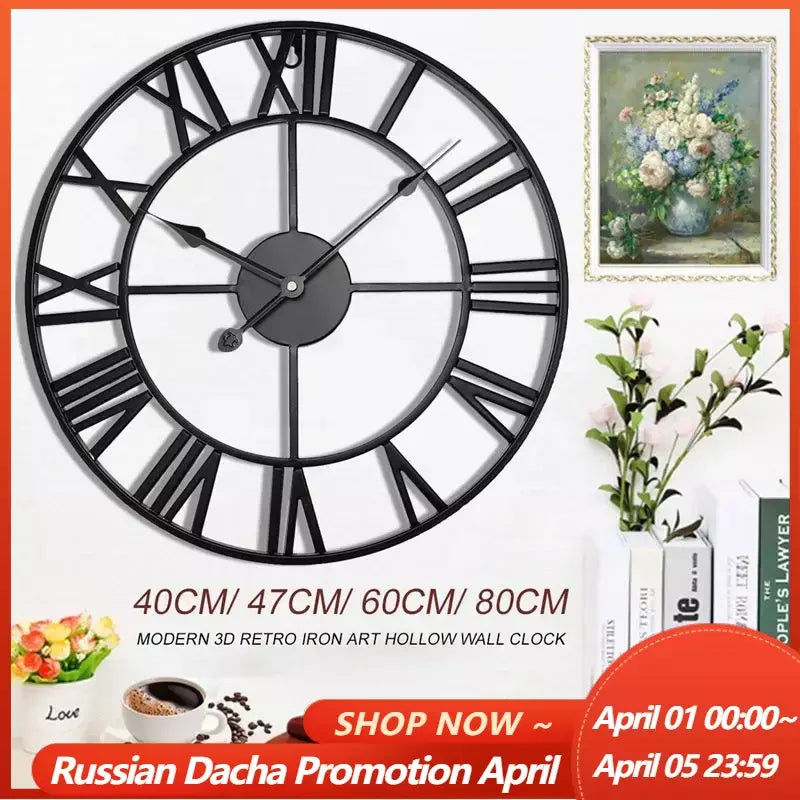 40/47/60/80cm Wall Clock Modern 3D Large Retro Black Iron Round Hollow Metal Wall Clock Nordic Roman Numerals Clock Home Decor