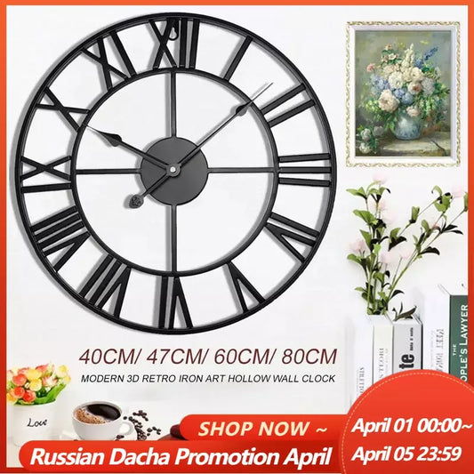 40/47/60/80cm horloge murale moderne 3D grand rétro fer noir rond creux en métal horloge murale nordique chiffres romains horloge décor à la maison