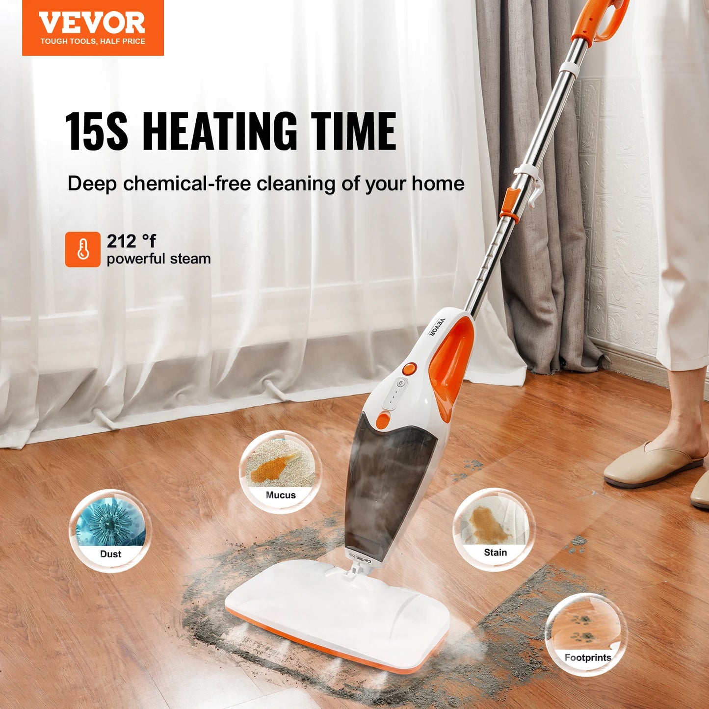 VEVOR Steam Mop Cleaner 5-in-1 High Temperature Steam Cleaner Multipurpose Floor Steam Cleaner with 4 Replaceable Brush Heads