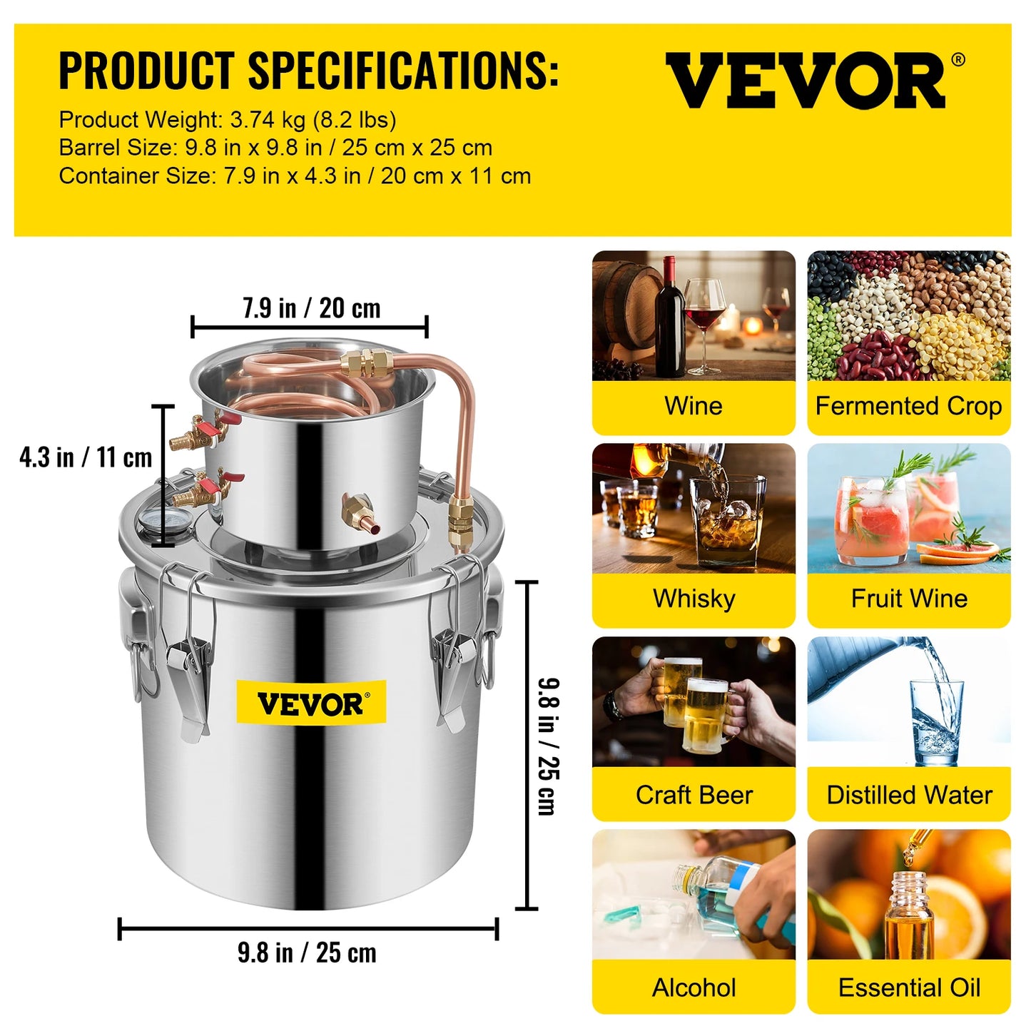 VEVOR 3 5 8 13 Gal distillateur Alambic Moonshine alcool toujours en cuivre inoxydable bricolage maison brassage eau vin huile essentielle Kit de brassage