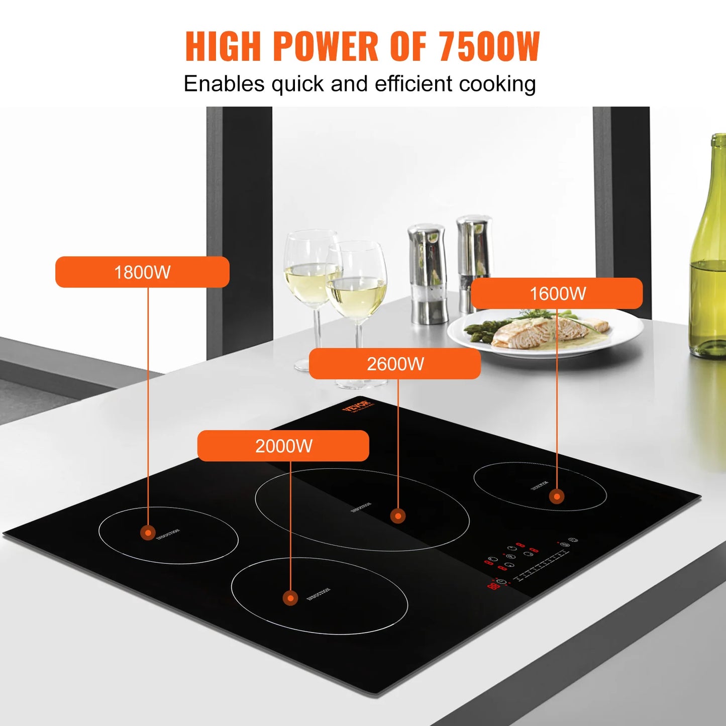 VEVOR-estufa eléctrica de 4 quemadores, placa vitrocerámica de inducción de 30 pulgadas, placa magnética integrada con quemador de pantalla táctil de 9 niveles de calefacción