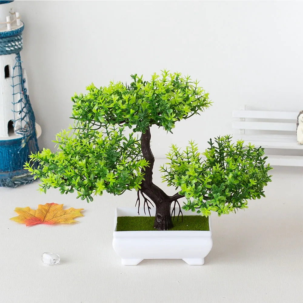 Plantas artificiales de plástico, bonsái, árbol pequeño, maceta, flor en maceta, jardín, arreglo de plantas falsas, adornos, decoración de mesa para el hogar y la habitación