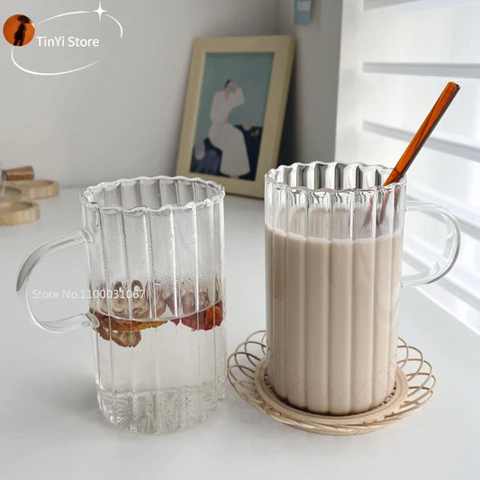 Tasse en verre à rayures, grande tasse créative pour jus de lait, eau, café avec poignée, transparente, pour Dessert, flocons d'avoine, petit déjeuner