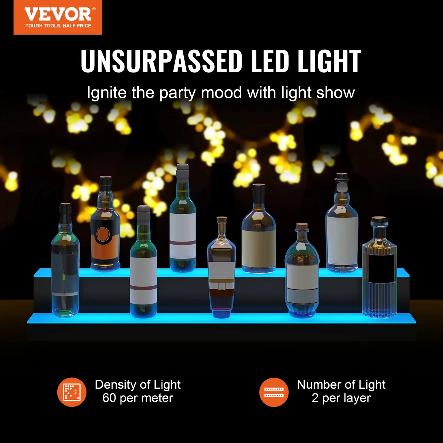 VEVOR LED Lighted Liquor Bottle Display Rack 2/3-Tier  30" 40" 60"  USB Support Multi-color Illuminated Bar Shelf with RF Remote