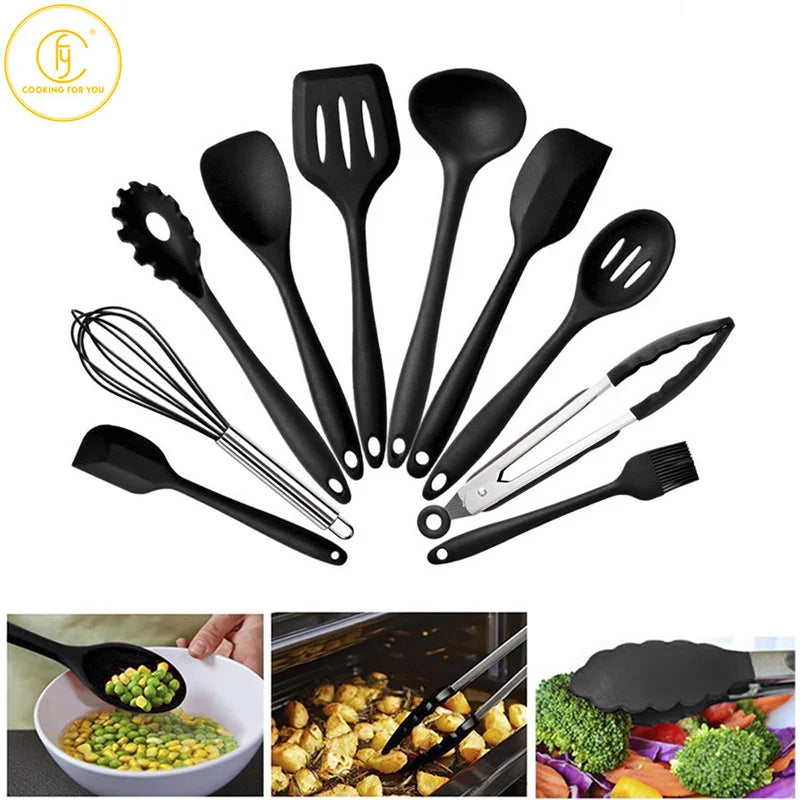 Ensemble d'ustensiles antiadhésifs en Silicone, pinces à tourner, spatule cuillère à soupe, pelle brosse à huile, ensemble d'outils de cuisine, gadgets de cuisine 10 pièces