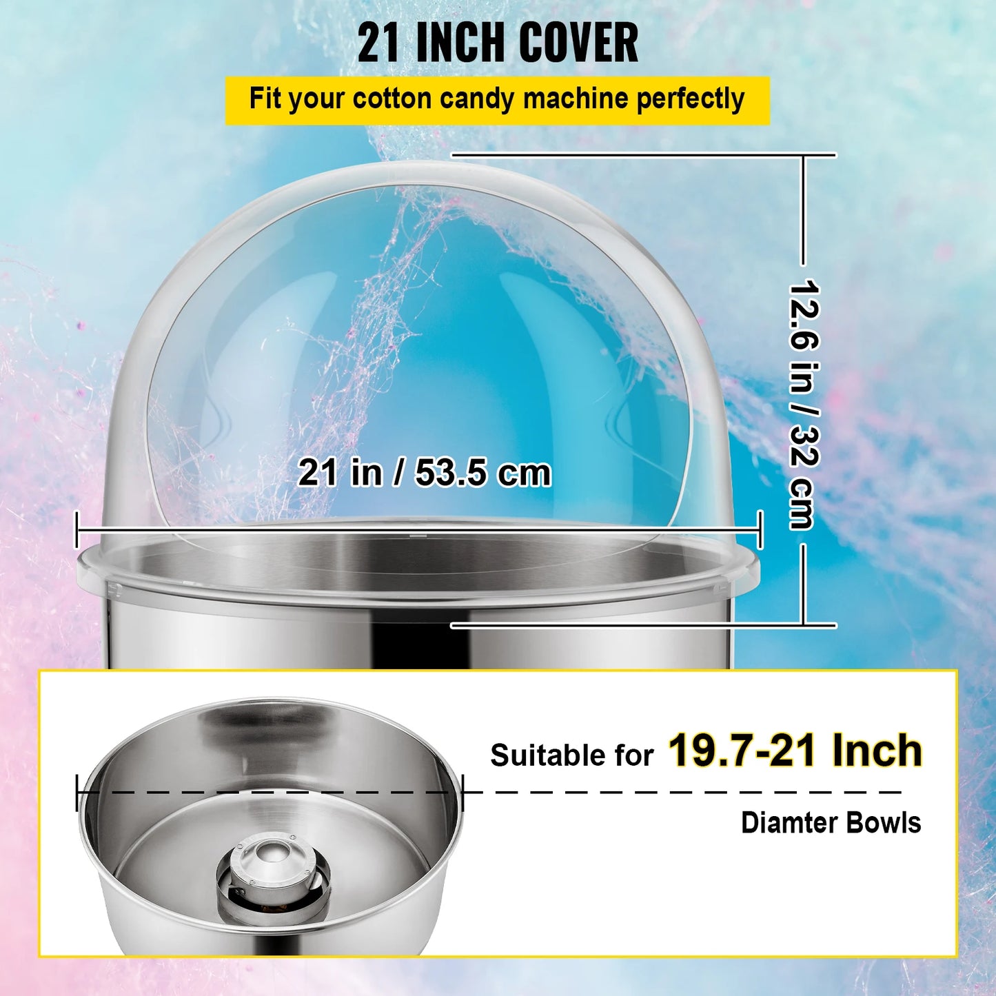 VEVOR 21" Commercial Cotton Candy Machine Cover Clear Floss Sugar Maker Bubble Shield Dome Childrens Party Holiday Celebration