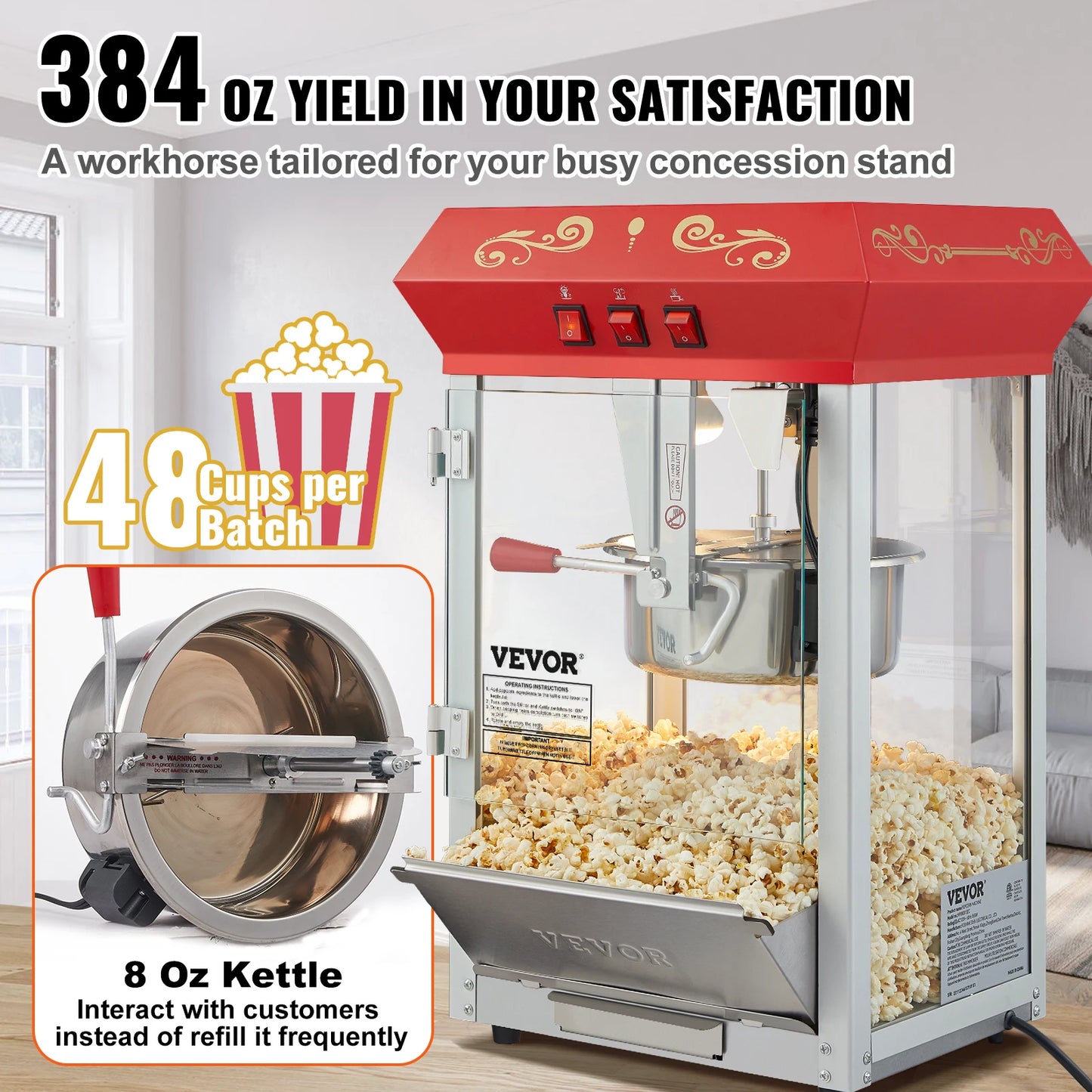 VEVOR – Machine à pop-Corn électrique 8/12Oz, commerciale, automatique, ustensiles de cuisine avec cuillère, Tube chauffant SUS304