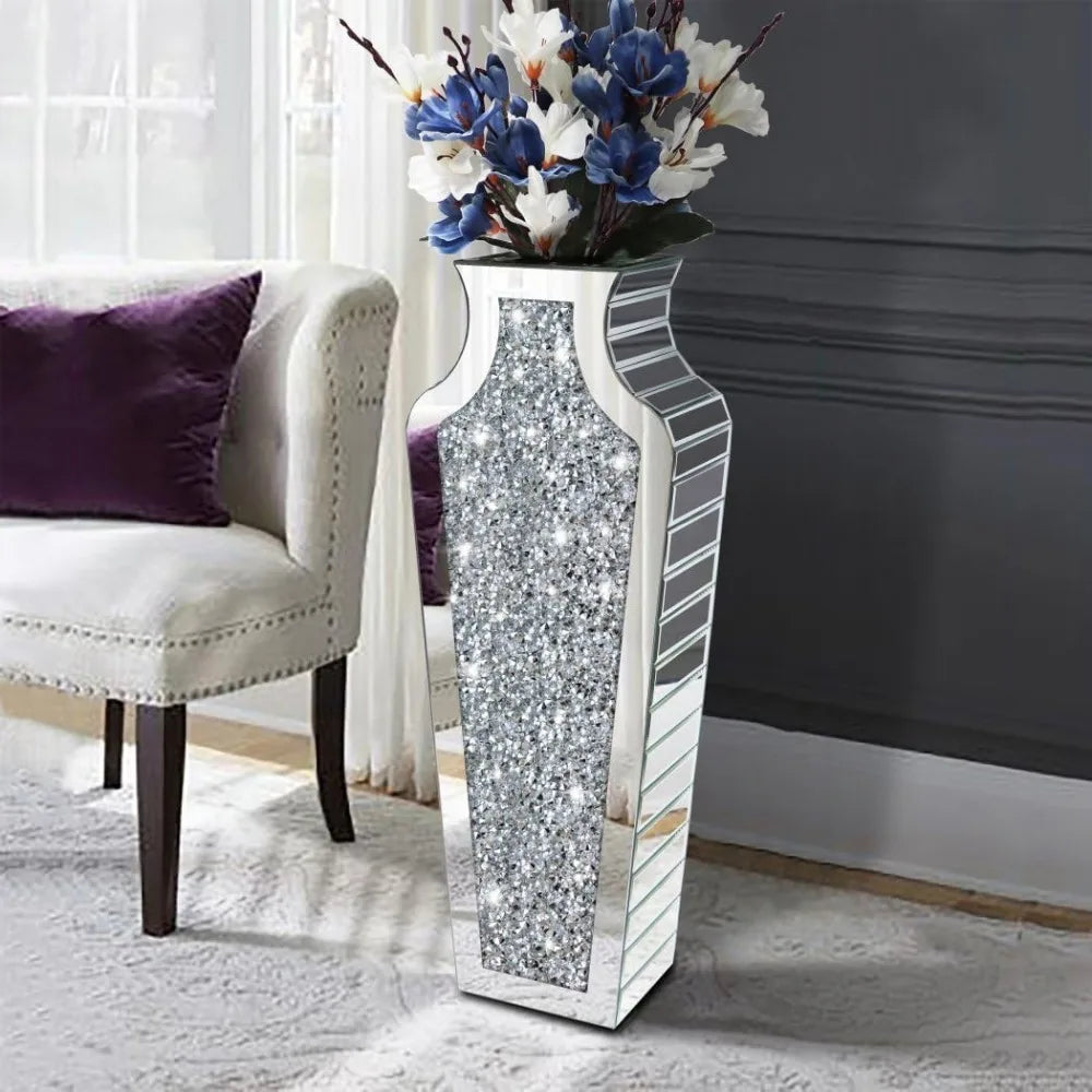 Vase Fragmented Diamond Mirror 27 "High, Crystal Silver Glass Decorative Mirror Vase Luxury Home Decoration, Large Vase