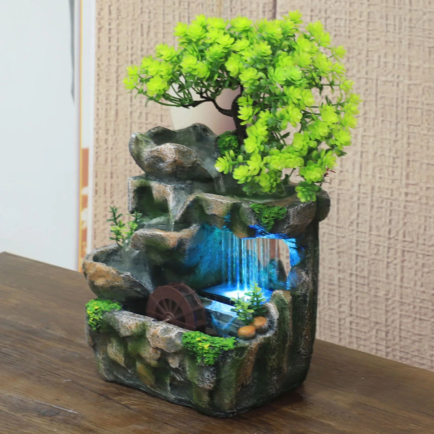 Fuente de cascada de mesa decorativa con bomba, estatua de meditación de rocalla, fuentes de agua iluminadas, manualidades decorativas para oficina