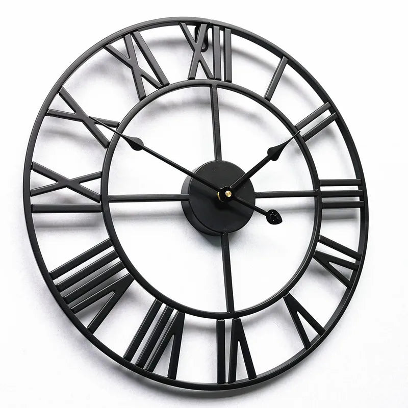 Reloj de pared de 40/47/60/80cm moderno 3D grande Retro de hierro negro redondo hueco Reloj de pared de Metal números romanos nórdicos reloj decoración del hogar