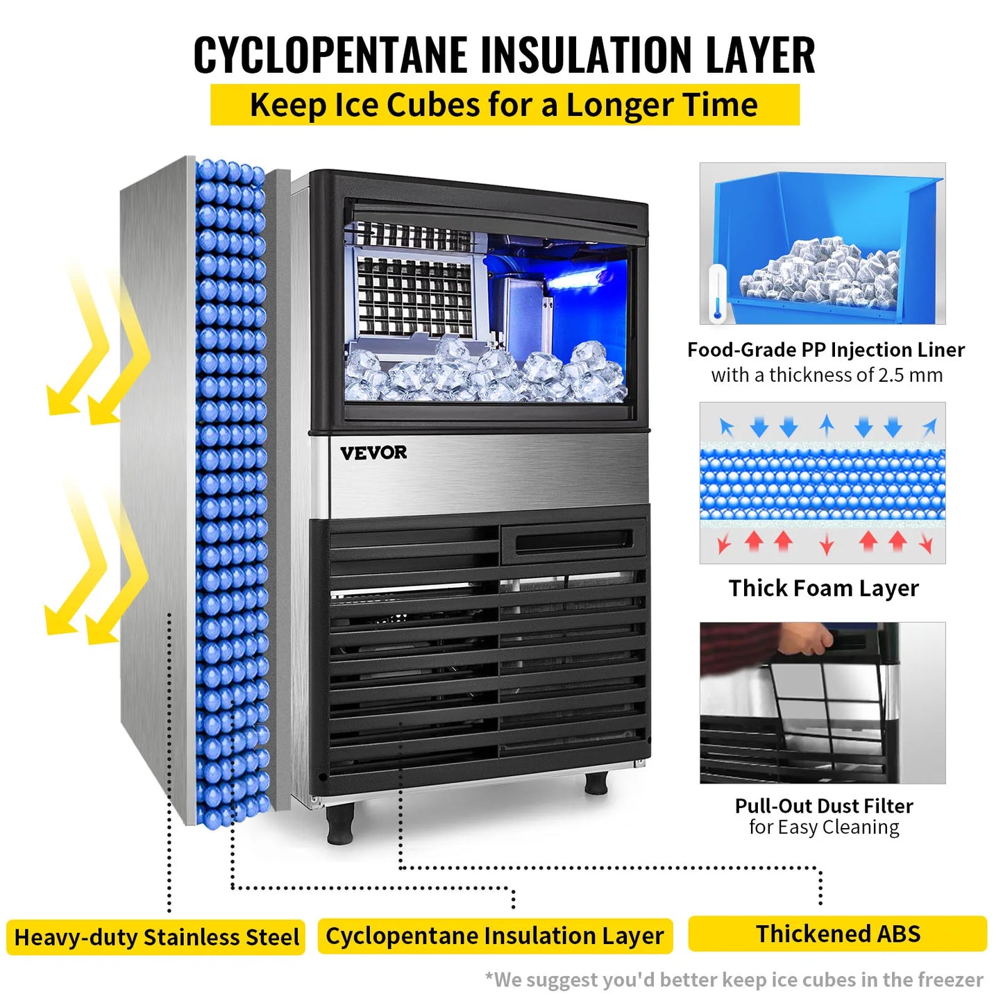 VEVOR – Machine à glaçons Cube 50/60/70 KG/24H, appareil autoportant, congélateur liquide transparent automatique, générateur de glace, 110V, appareil ménager Commercial