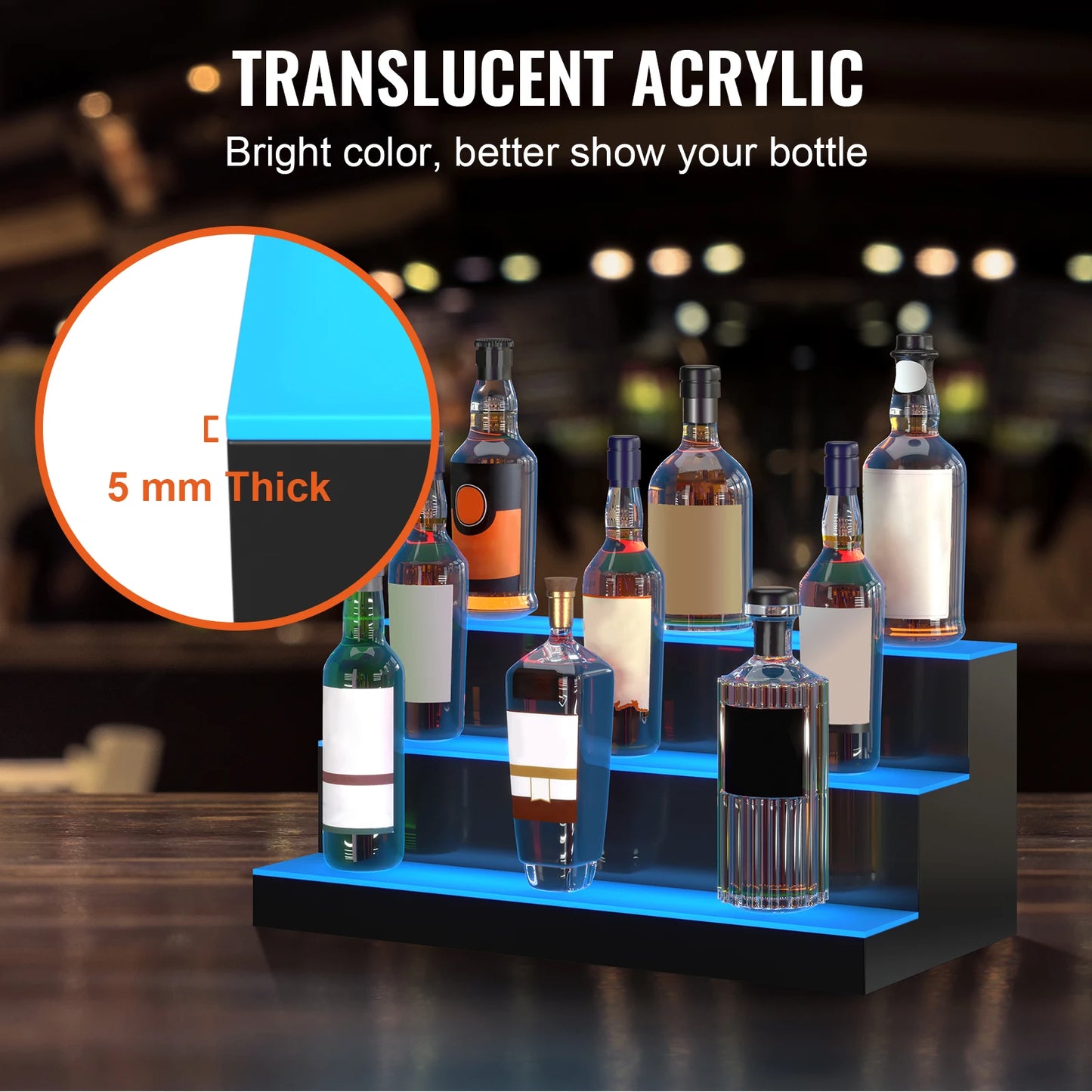 VEVOR LED Liquor Bottle Display Rack 16/24inch 1/2/3/4-Tier Multi-color Translucent Acrylic Bar Shelf with Remote  App Control