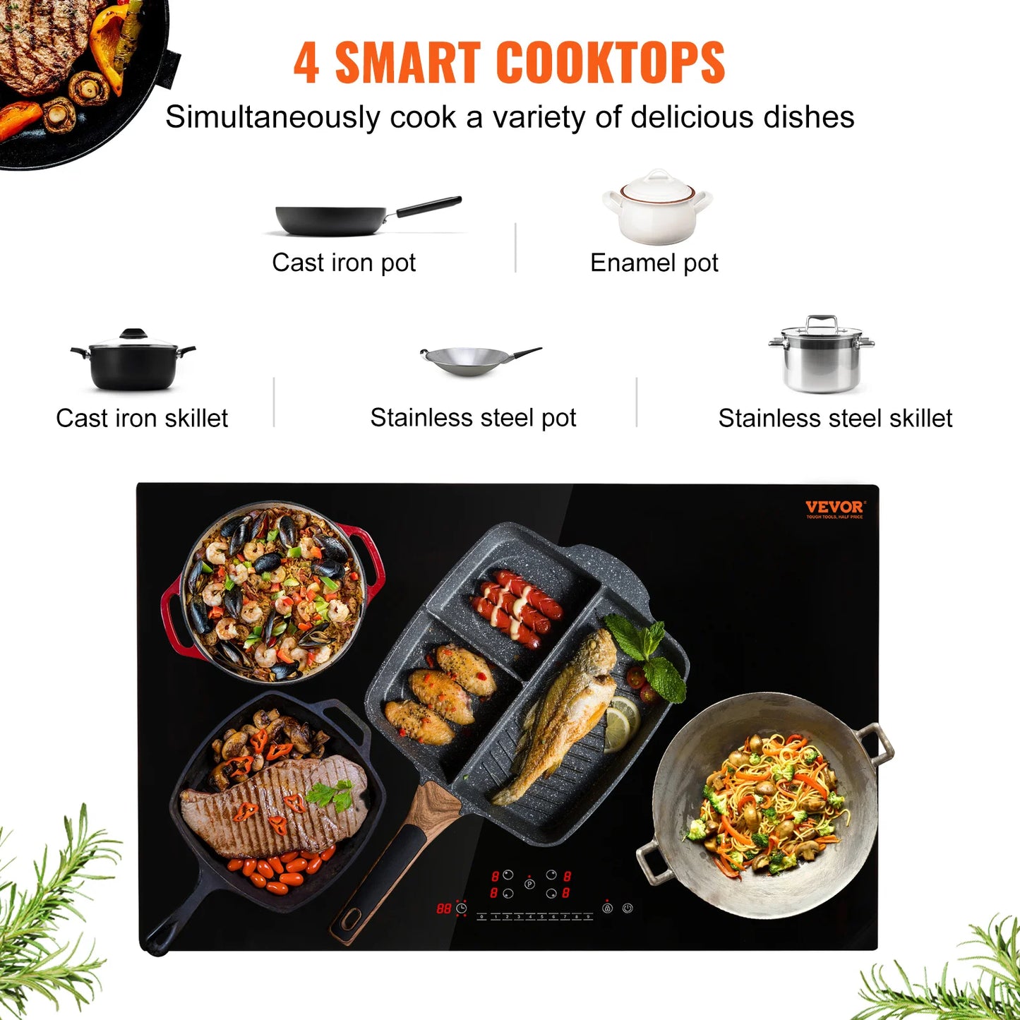 VEVOR 4 Burners 30'' Electric Cooktop Induction Stove Top Built-in Magnetic Cooktop with 9 Heating Level Touch Screen Burner