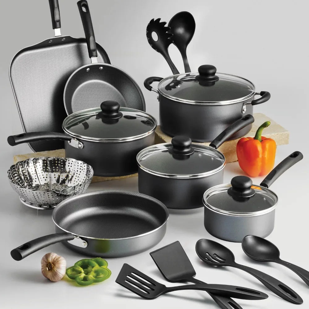 Batterie de cuisine antiadhésive Primaware 18 pièces, ensemble de casseroles et poêles gris acier