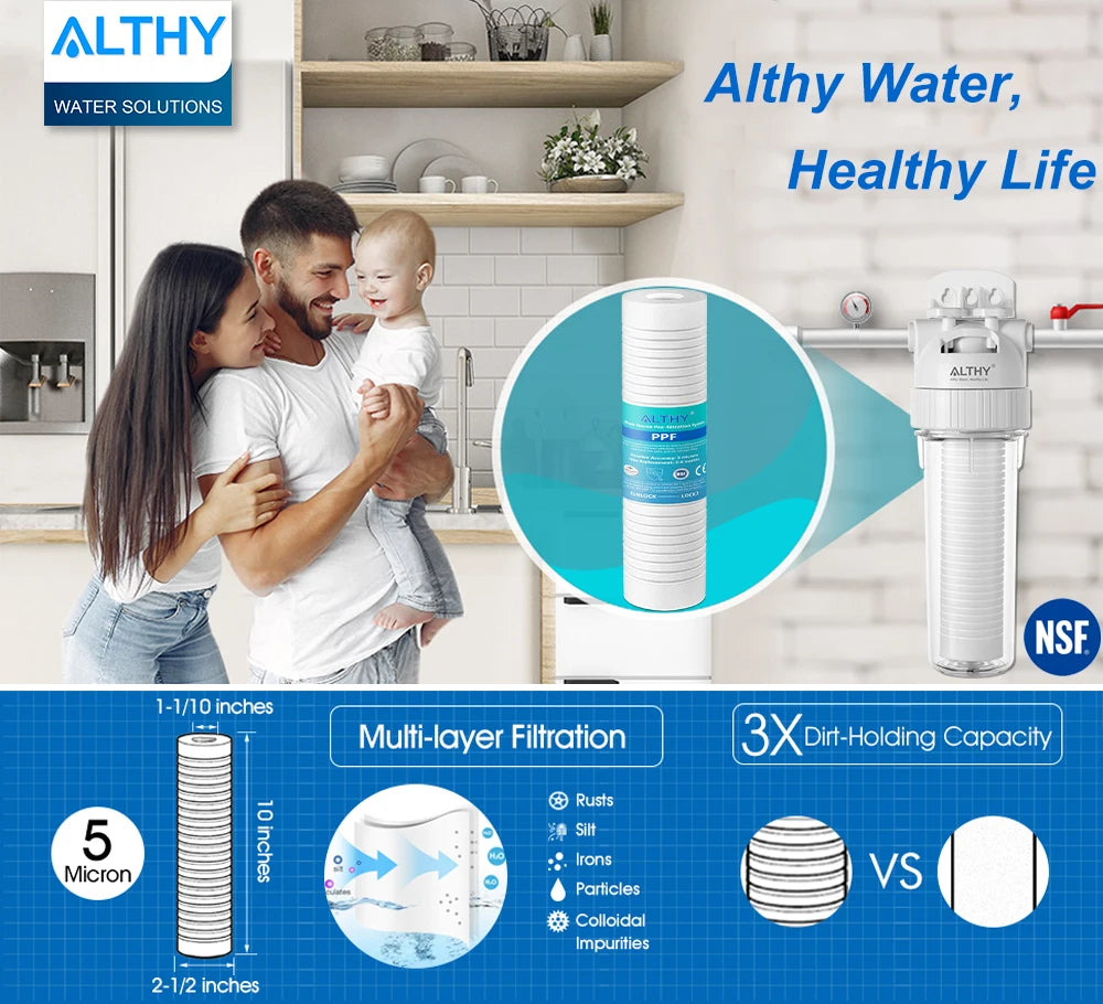 ALTHY 5 Micron Whole House Sediment Water Filter System Prefilter Purifier, 10 Inch PP cotton Pre filter