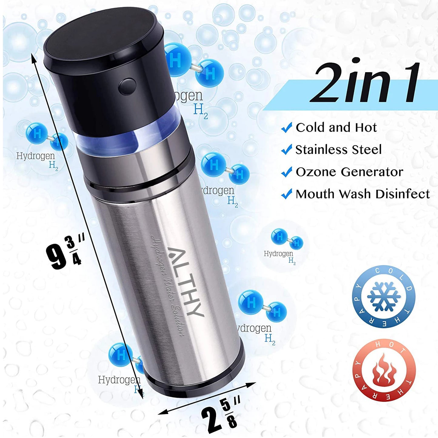 ALTHY Generador de botella de agua de hidrógeno con aislamiento de acero inoxidable 2 en 1 + Generador de desinfectante - Cámara dual DuPont SPE+PEM