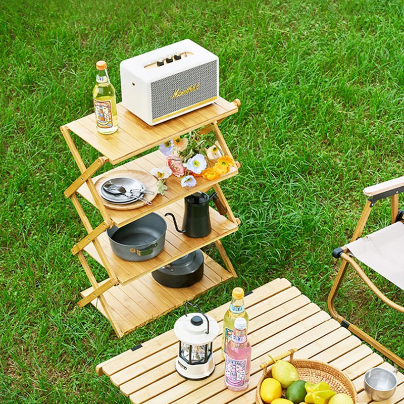 GIANXI Camping bambou étagère pliable en plein air 3 plis 4 plis pliant support de rangement portable table fleur étagère à chaussures