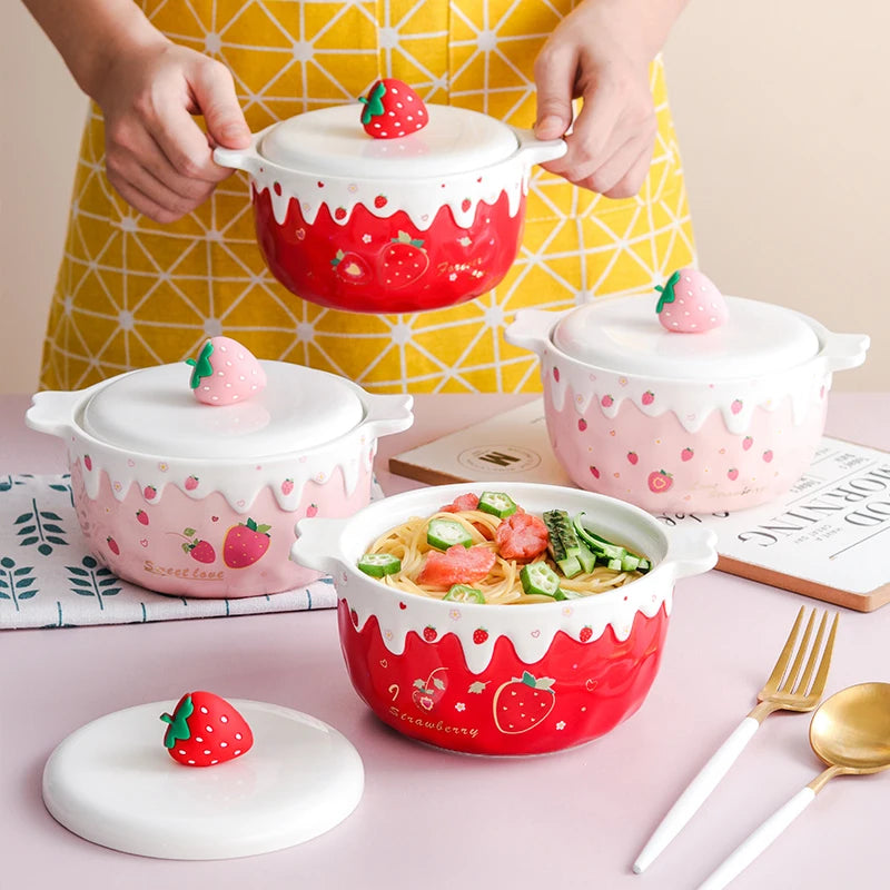 Kawaii – bol Ramen aux fraises avec couvercle en céramique, gros fruits mignons, nouilles instantanées, salade, soupe, vaisselle de cuisine domestique 700ml