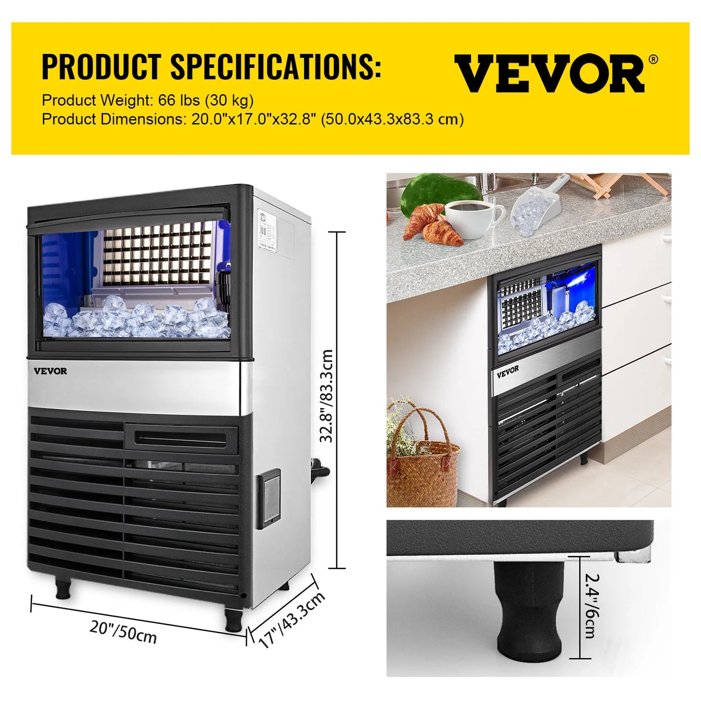 VEVOR – Machine à glaçons Cube 50/60/70 KG/24H, appareil autoportant, congélateur liquide transparent automatique, générateur de glace, 110V, appareil ménager Commercial