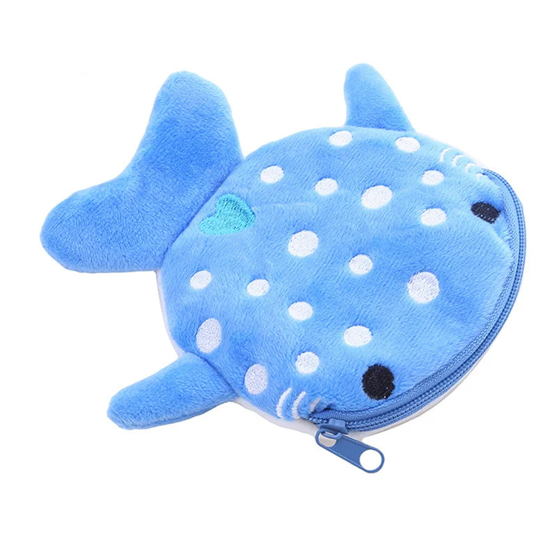 Monedero con bonito dibujo de ballena y tiburón, billetera Kawaii, monedero de felpa portátil, organizador de monedas para auriculares, bolsa con cremallera, regalo para niños