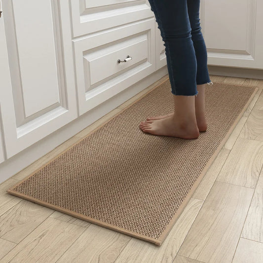 Linen Weave Kitchen Floor Mat Anti-slip Washed Rug Rubber Bottom Natural Twill Flax Entry Door Long Carpet Oil-resistant Durable