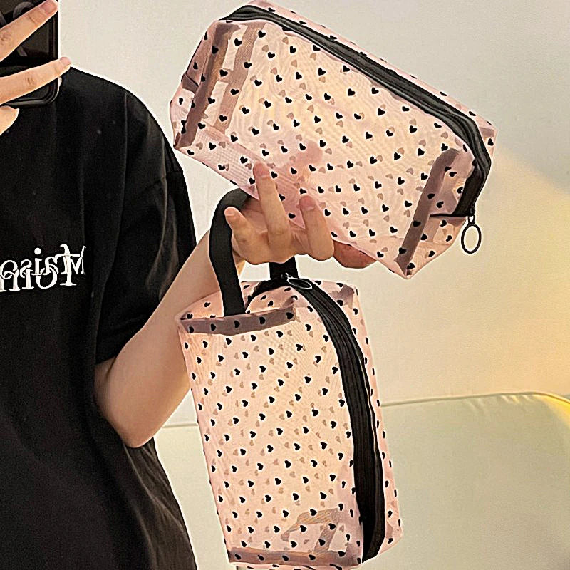 Sac à cosmétiques en maille imprimé amour, 1 pièce, organisateur de toilette Portable, trousse de maquillage multifonction transparente, pochette de rangement de rouge à lèvres pour femmes