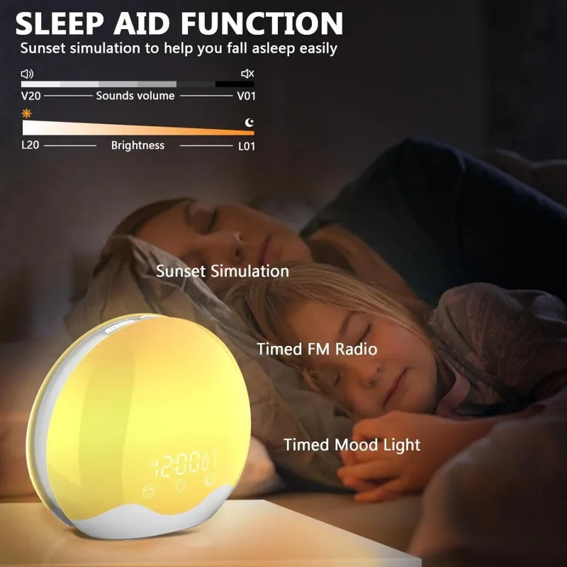 Sunrise Alarm Clock Wake Up Light with Touch Control Dual-Sided Natural Light for Kids Heavy Sleepers with 12-Color Night Light