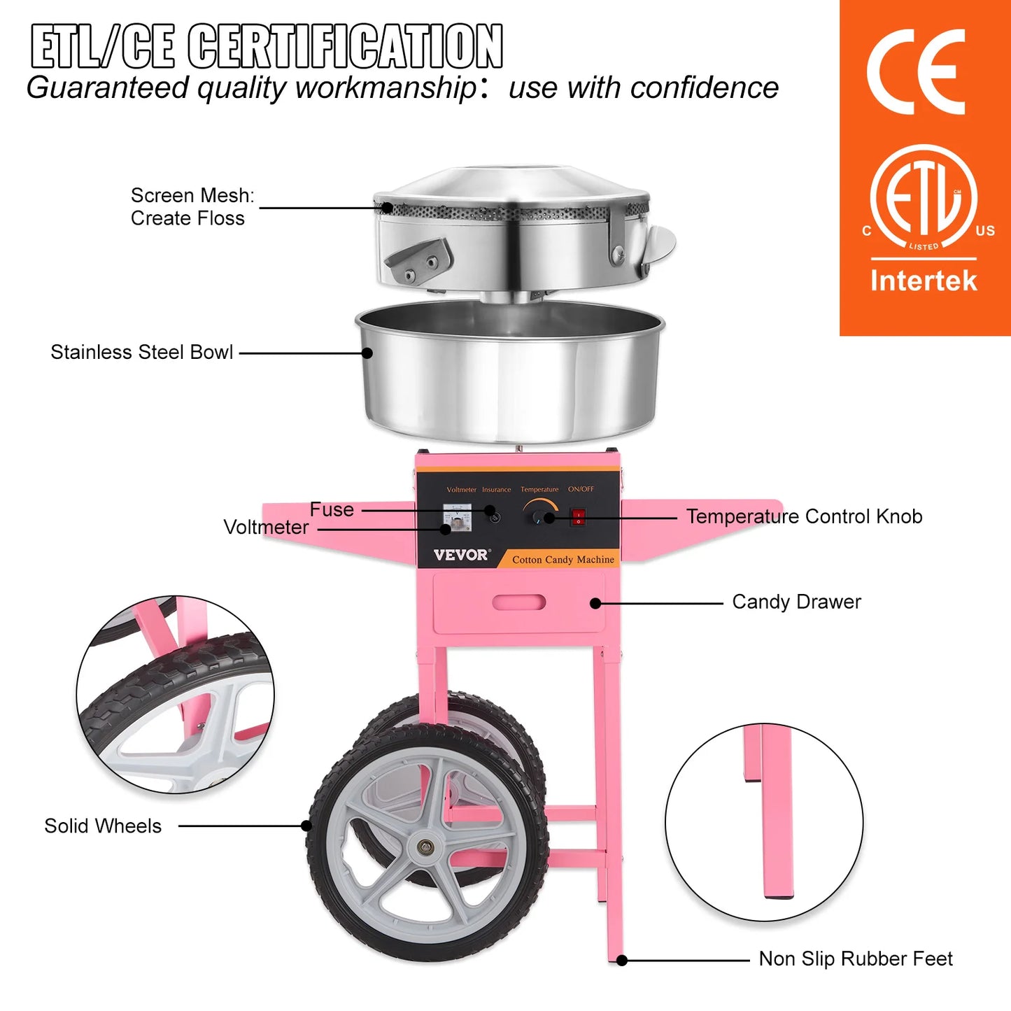 VEVOR Electric Cotton Candy Machine with Cart 1000W Commercial Floss Maker with Stainless Steel Bowl Sugar Scoop and Drawer