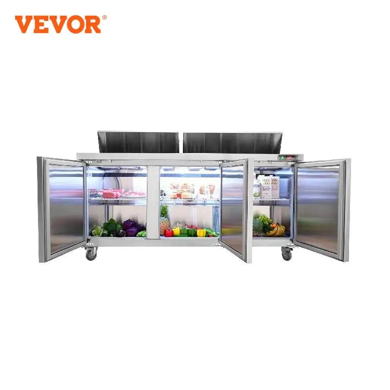 VEVOR Mesa de preparación de sándwiches y ensaladas de 72" Estación de preparación de alimentos refrigerada de acero inoxidable de 17.73 pies cúbicos con 18 sartenes cortadas para restaurante