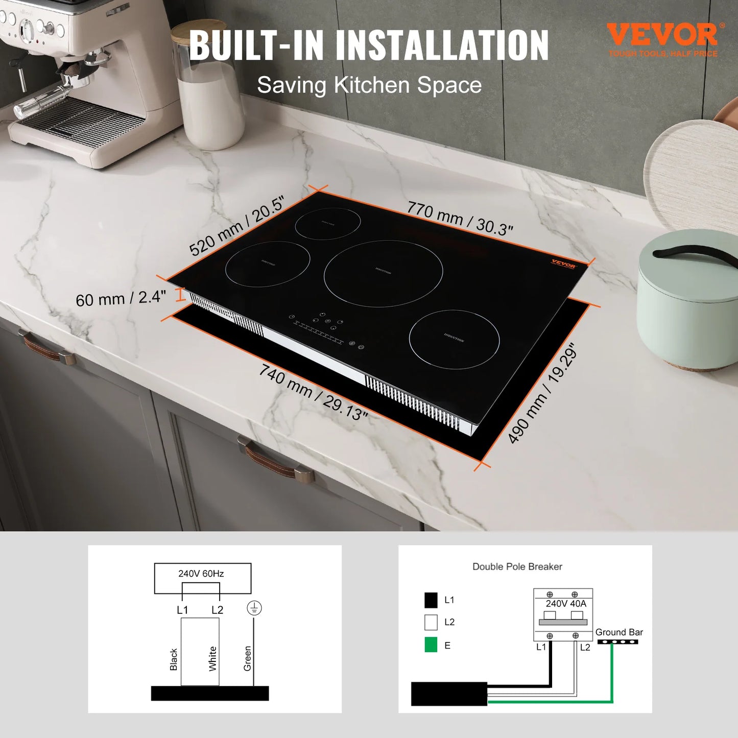 VEVOR 4 Burners 30'' Electric Cooktop Induction Stove Top Built-in Magnetic Cooktop with 9 Heating Level Touch Screen Burner