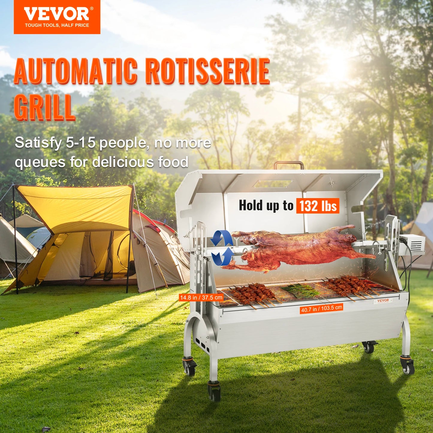 VEVOR – gril de rôtisserie en acier inoxydable, avec couvercle à capuche, avec pare-brise, barbecue, cochon entier, agneau, chèvre, charbon de bois