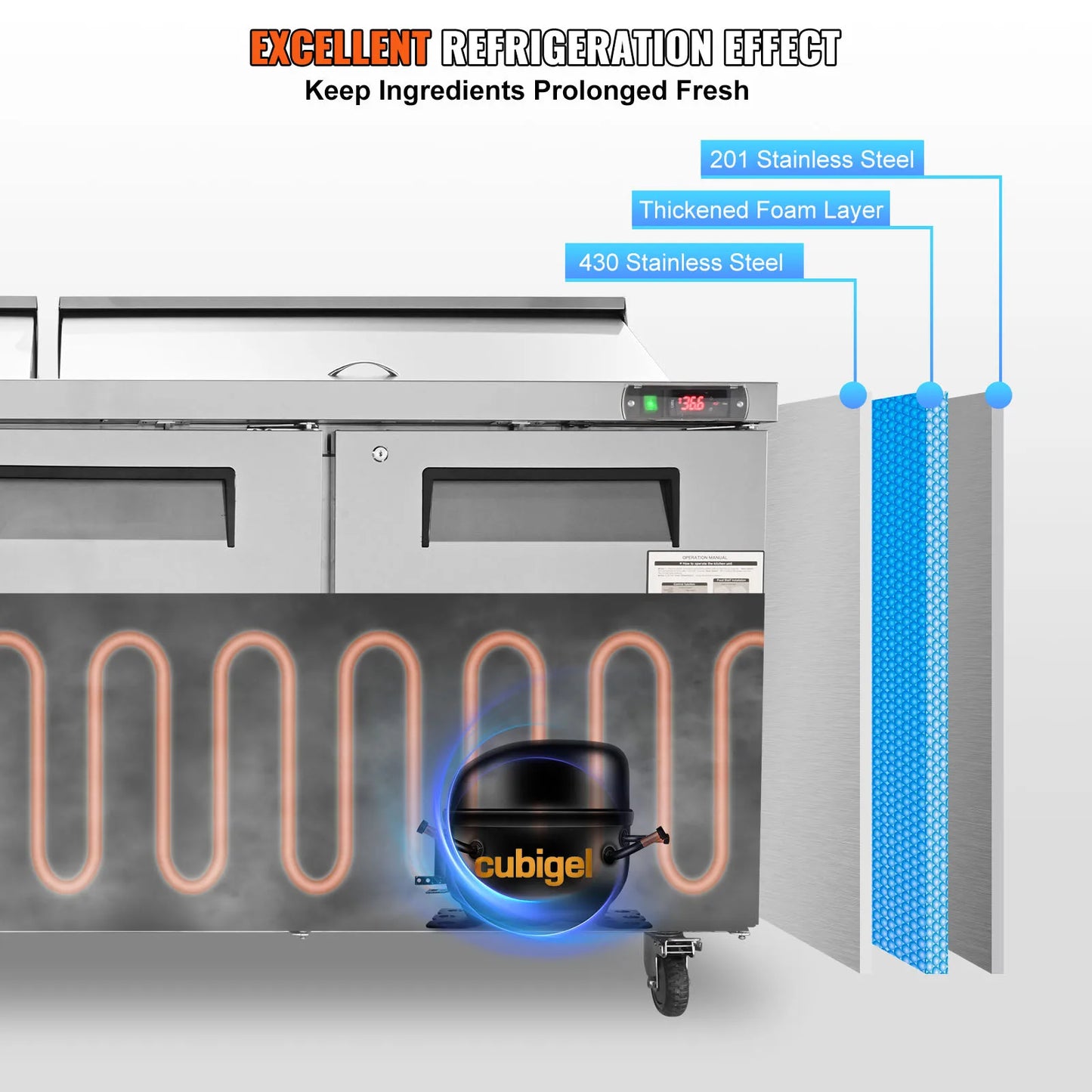 VEVOR – table de préparation de sandwichs et de salades de 72 pouces, Station de préparation des aliments réfrigérée en acier inoxydable de 17,73 pieds cubes avec 18 casseroles coupées pour Restaurant