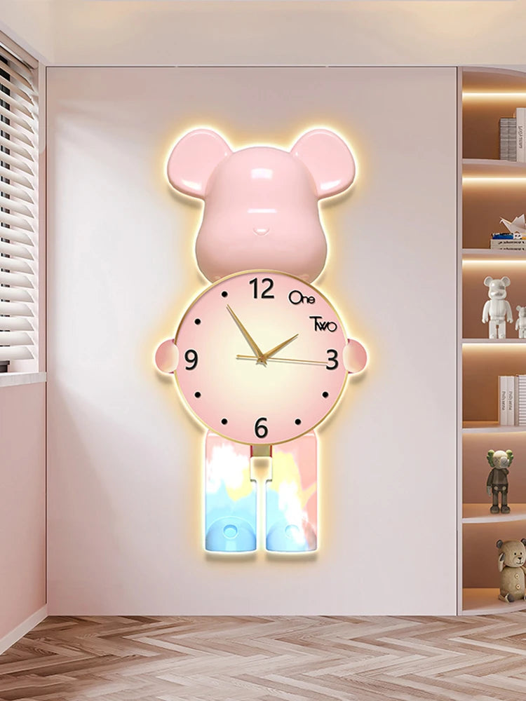 Light Luxury Art Cartoon Bear Clocks, Wall Clock Modern Design, Living Room Decoration, Room Creative Clock Wall Lamp Mute