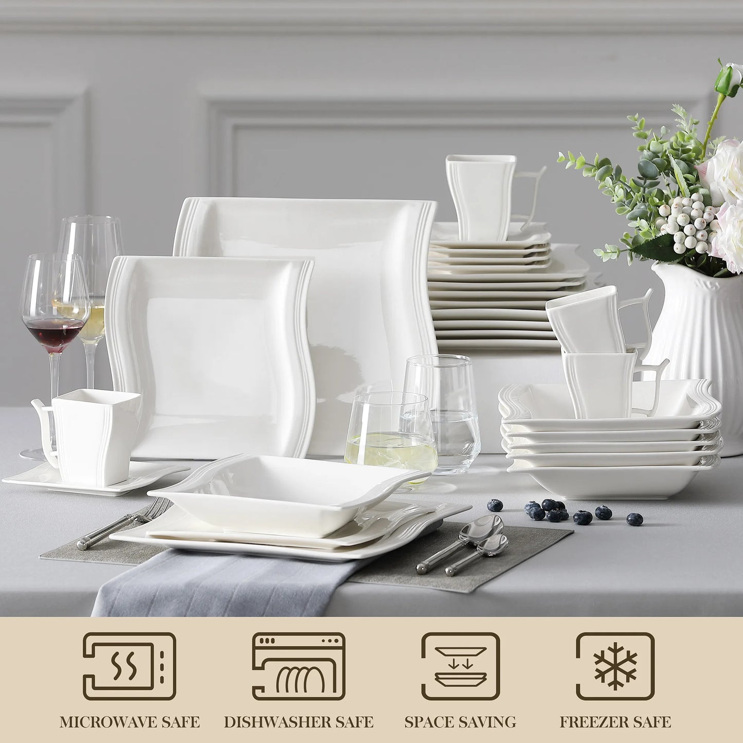 Juego de cena de porcelana blanca MALACASA FLORA de 30/60 piezas con 12 tazas, platillo, postre, sopa, artículos de mesa plato para cenar para 12 personas