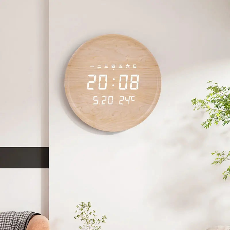 Living room household fashion creative hole free hanging wall electronic light luxury Nordic simple modern wooden wall clock