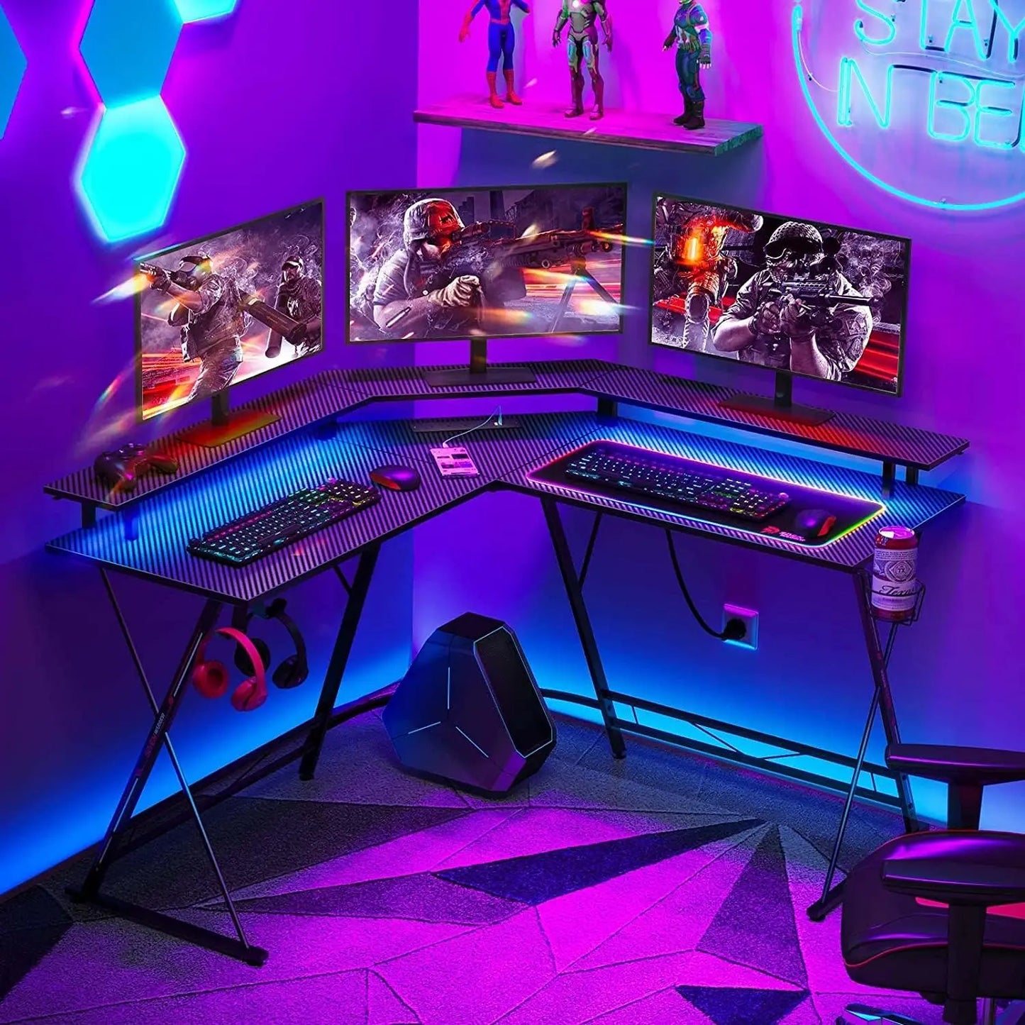 Chulovs Gaming Desk 50.4” with LED Strip & Power Outlets, L-Shaped Computer Corner Desk Carbon Fiber Surface with Monitor Stand