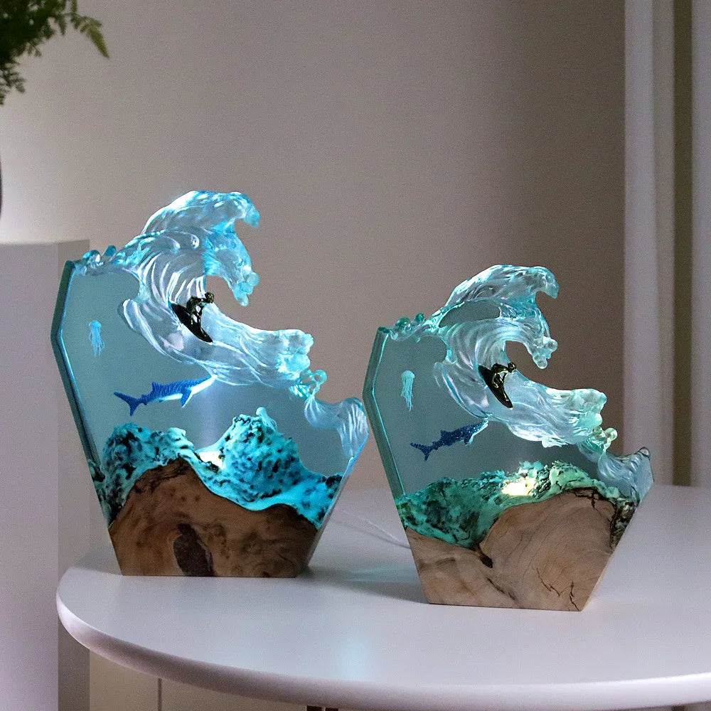 Océan baleine surf décorations de bureau Art créatif support de lampe en bois massif résine veilleuse cadeau d'anniversaire