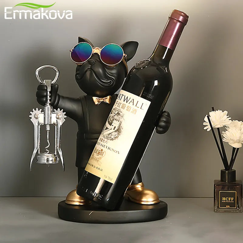 ERMAKOVA Bulldog Francés decoración estante de vinos soporte para vino perro mayordomo asiento para botella diseño estatua mesa decoración de resina escultura